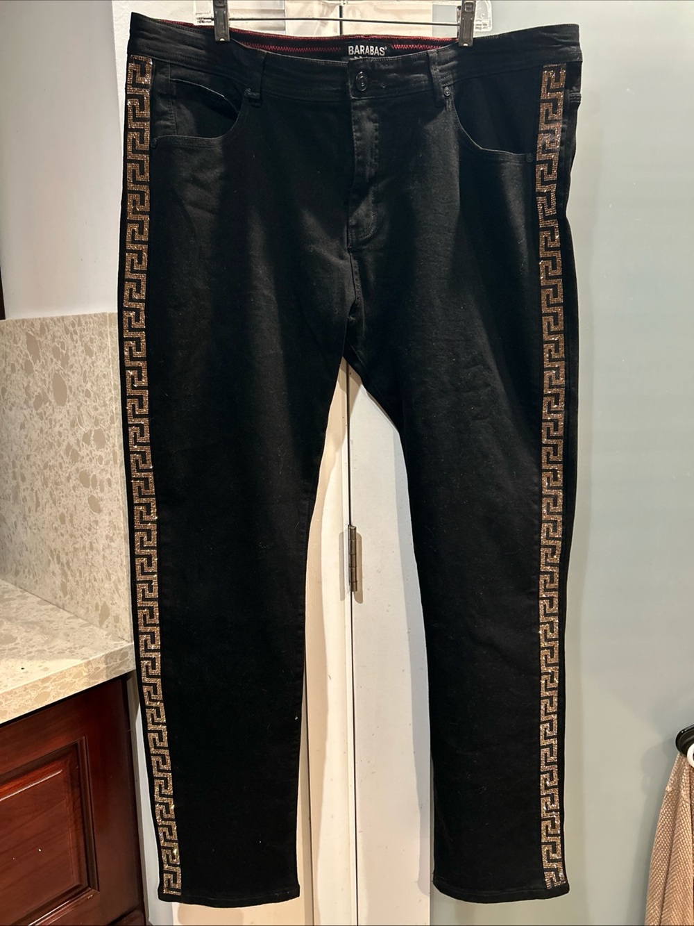 Barabas Mens Jeans Greek Key Rhinestone 44x32 Black Slim Stretch Trap Streetwear